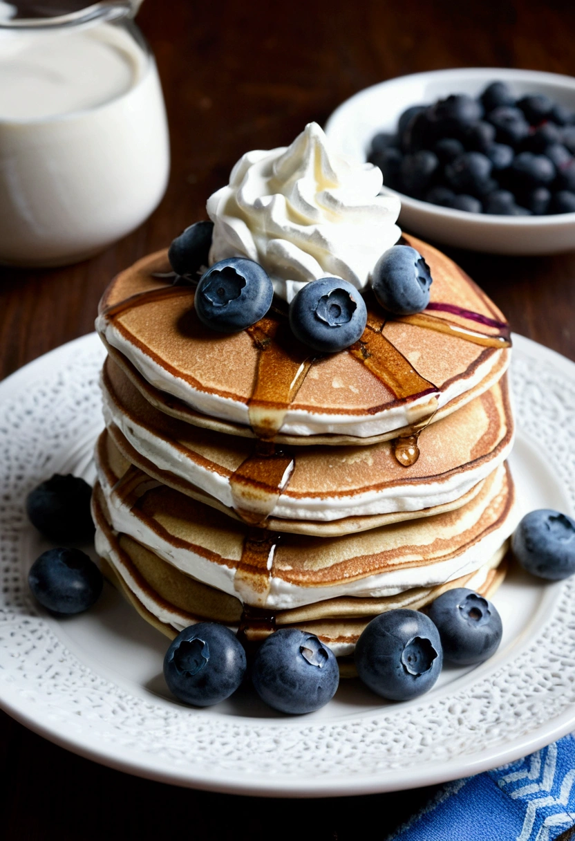 Protein pancakes with whipped cream cheese and blueberries