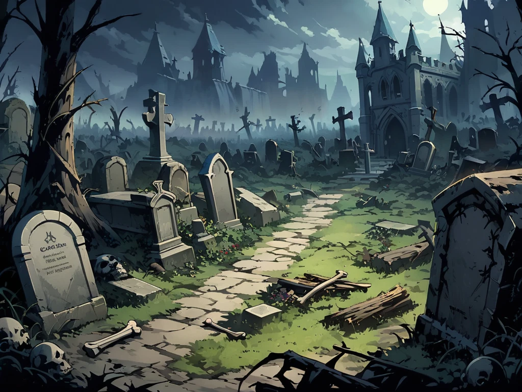 graveyard(Medieval Europe)，Full of weeds and dead wood，Spooky environment，tombstone，coffin，Bones，Corpse，night。Mid-ground composition，Panorama pictures，Scene screen，Game concept art style，Anime illustration style，HD，4K。