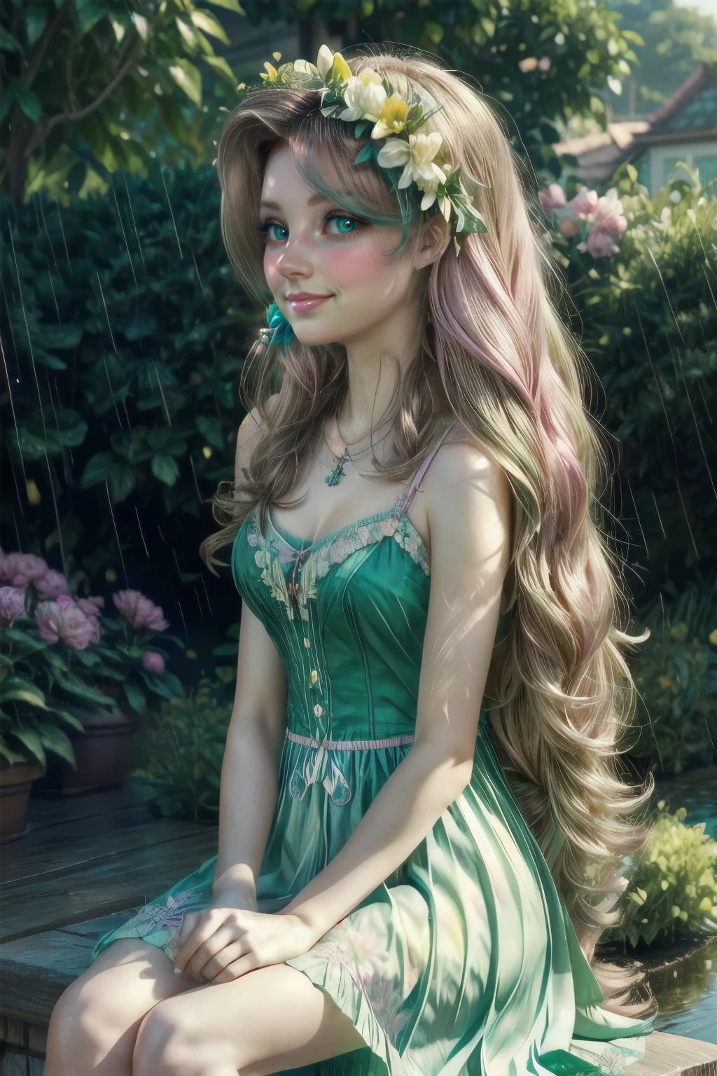 Fluttershy, fluttershy from my little pony, fluttershy in the form of a girl, lush breast, pink long wavy hair, soft smile, flowers, butterflies, (top quality, masterpiece, ultra-realistic), rainy day, raining, indoor in a green botanical garden, dome, lots of flowers, dense mass plants, the background landscape is a garden with petals, Dahlia peony flowers everywhere, turquoise eyes, turquoise eyeshadow, green dress, butterfly hair clip, detailed lighting, sunlight, yellow pure light, sitting, heavenly plants, hanging flower pots, pink and green flowers everywhere, flower crown, green glass dome, extremely long hair