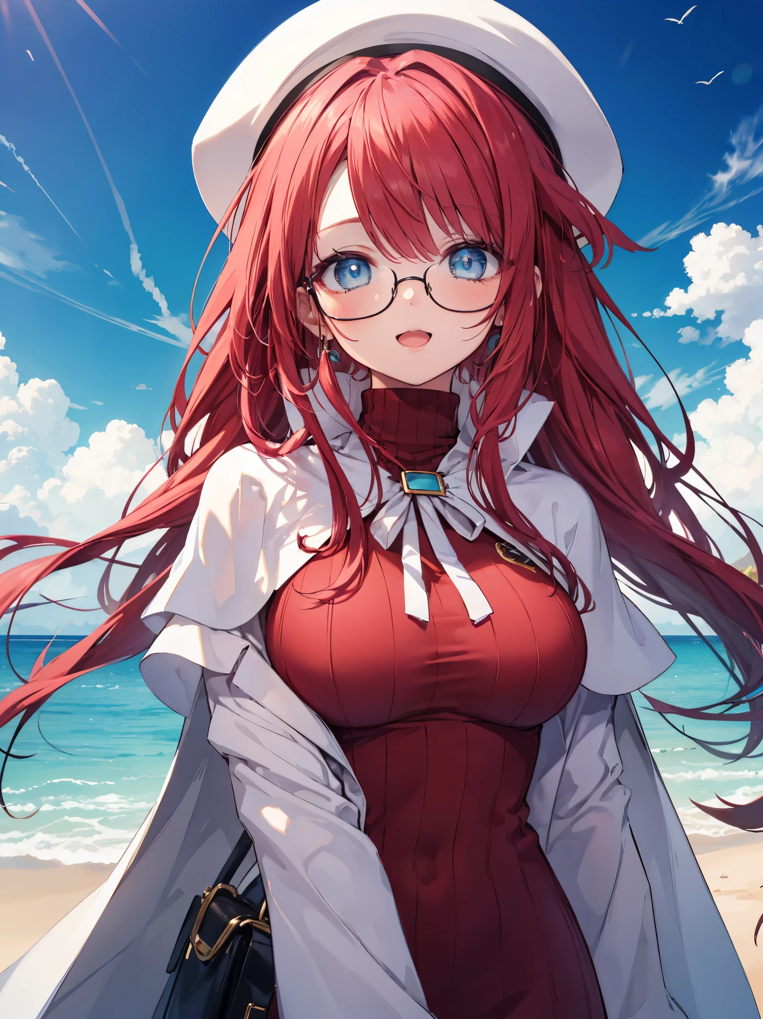 summonnightaty, aty, (young:1.3),long hair, blue eyes, red hair, big_tits, hat, glasses, BREAK long hair,, hat, dress,glasses, cape, sweater, beret,ribbed sweater,,solo, BREAK outdoors, fantasy, BREAK (masterpiece:1.2), best quality, high resolution, unity 8k wallpaper, (illustration:0.8), (beautiful detailed eyes:1.6), extremely detailed face, perfect lighting, extremely detailed CG, perfect anatomy),covered_nipples,half_eyes,sleepy_eyes,red_sweater,magical_effect,,Smile,open_mouth,solo,beach_sky_landscape,night_sky,solo,bust up,