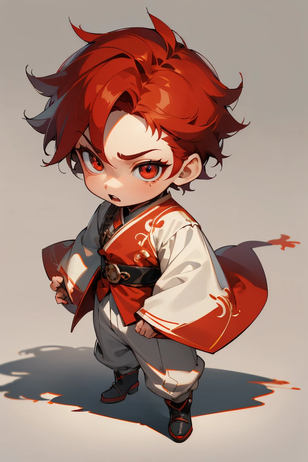 boy, full body, surprised, astonished, cartoon style, chibi style, cute, beautiful face, red color eye, beautiful eye, high detailed pupil, double eyelid, high detailed skin, high quality skin, red color hair, white clothes, professional lighting, real shadow, masterpiece,