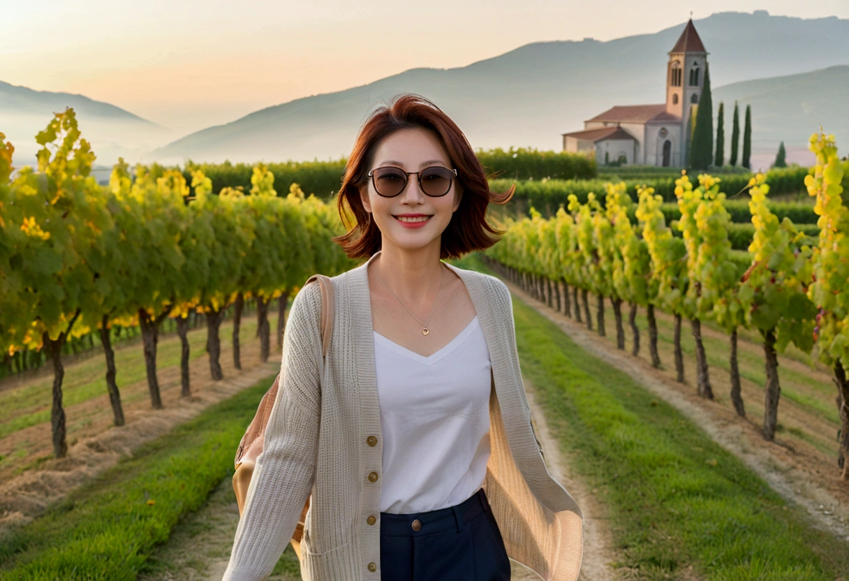 k Best picture quality, Beautiful 36-year-old Korean woman, Chest size 34 inches, northern italy countryside dawn, View of the cathedral next to the vineyards, The back background is realistic and vivid quality., short medium hair, white shirt and cardigan, Wear casual pants, Smile slightly. the background is clear, I walk down a curved path looking at a vineyard shrouded in thick fog., Clear picture quality, Wear high-end luxury brand sunglasses, sunglasses with clear lines,