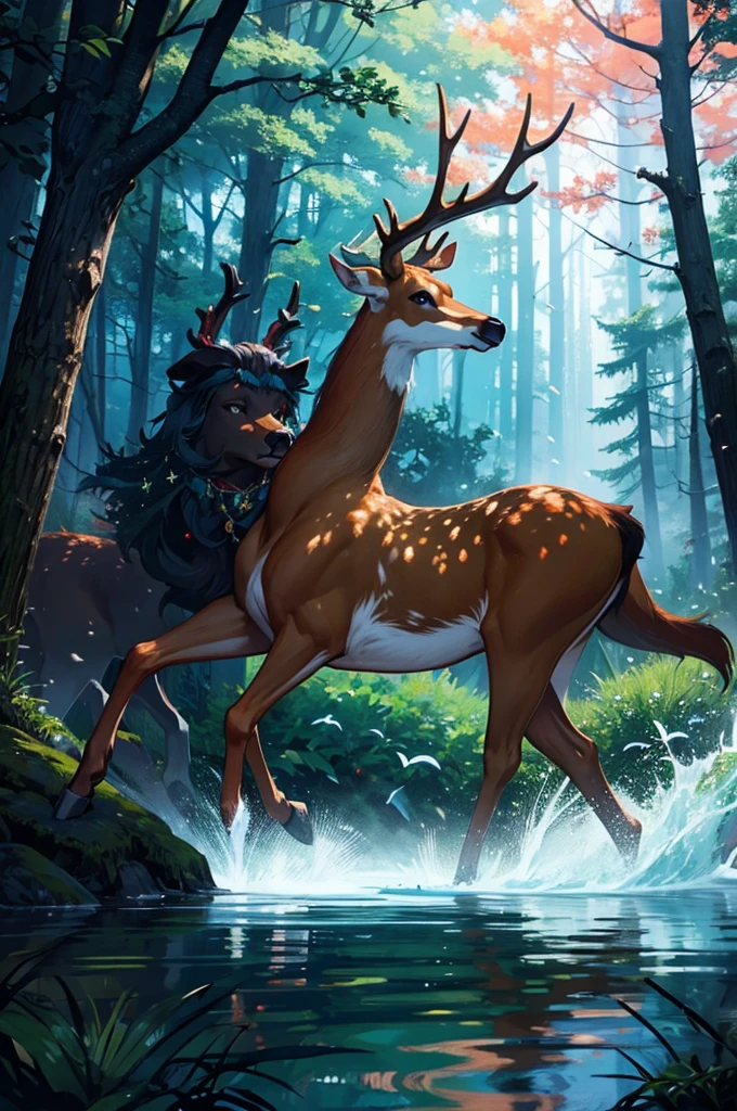 Fantasy Forest, lake, , deer, full length, difficult, side view, The head is turned towards the viewer, the stars shine on the horns