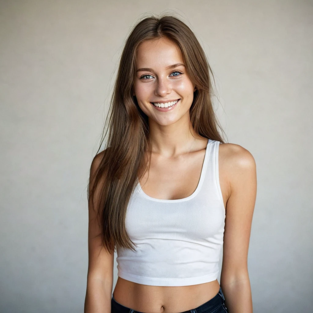 Beautiful woman from sweden, realistic eyes, realistic face, slim face, long brown hair, 20 years old, model, smiling, special camera angle, belly tanktop