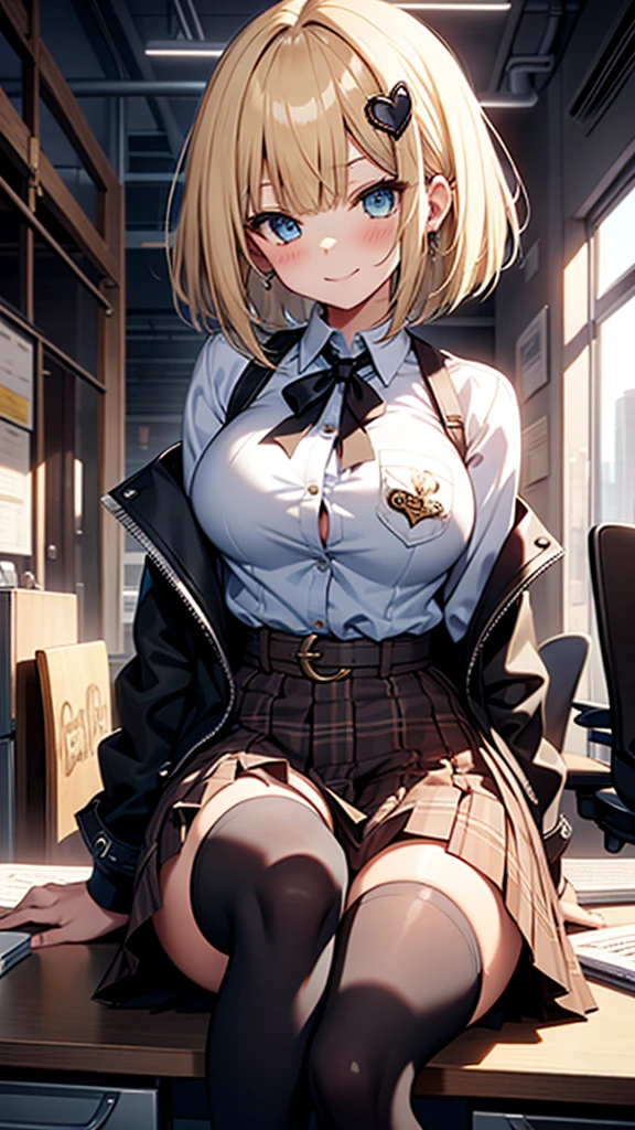1girl, bangs, black thighhighs, blonde hair, blue eyes, blush, bob cut, breasts, brown skirt, collared shirt, desk, english text, hair ornament, heart, high-waist skirt, indoors, large breasts, long sleeves, looking at viewer, medium hair, monocle hair ornament, naughty face, on desk, plaid, plaid skirt, pocket watch, shirt, shirt tucked in, sitting, sitting on desk, skindentation, skirt, smile, smug, solo, thighhighs, thighs, virtual youtuber, watch, watson amelia, white shirt, zettai ryouiki