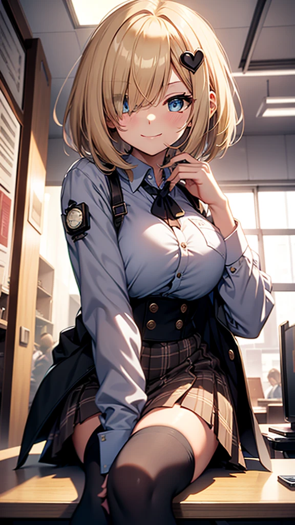 1girl, bangs, black thighhighs, blonde hair, blue eyes, blush, bob cut, breasts, brown skirt, collared shirt, desk, english text, hair ornament, heart, high-waist skirt, indoors, large breasts, long sleeves, looking at viewer, medium hair, monocle hair ornament, naughty face, on desk, plaid, plaid skirt, pocket watch, shirt, shirt tucked in, sitting, sitting on desk, skindentation, skirt, smile, smug, solo, thighhighs, thighs, virtual youtuber, watch, watson amelia, white shirt, zettai ryouiki