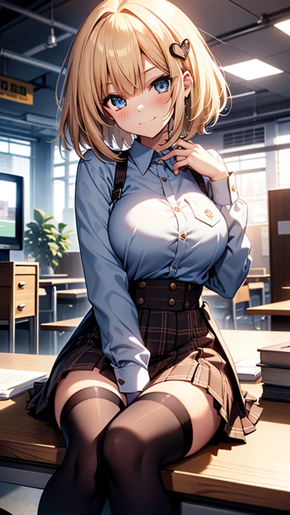 a girl in a school the school is closed and its night the girl is smileing and she is wearing sexy bra and panties