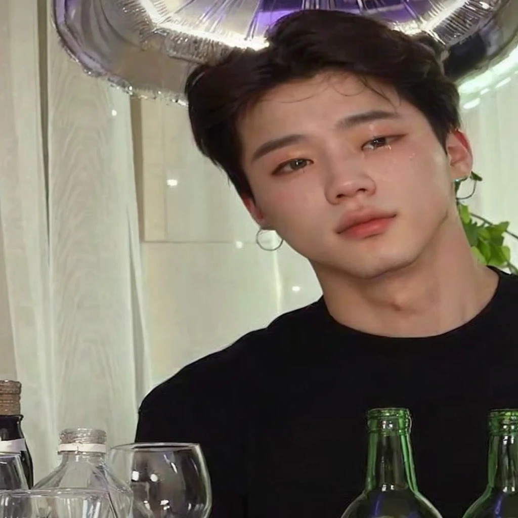 there is a man sitting at a table with bottles of wine, Jimin\the right eyelid is swollen, Jimin\fleshy lips, Jimin\the Greek nose, accurate Jimin face, giga chad crying, Jimin, park Jimin, He has a serious expression, Jimin, with a serious expression, south korean man, hyung tae, Shin Jeongho