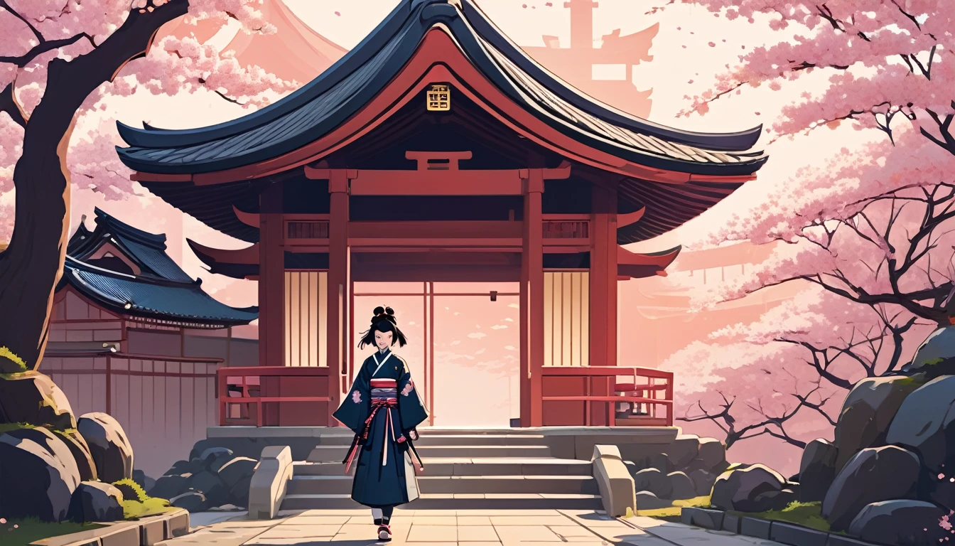 Female samurai,Background is cherry blossoms and a Japanese temple、 Wide-angle lens, Lofi Anime, Lofi illustration, Aesthetic atmosphere, Lo-Fi Style, Vector art, Flat Design, Simple shape, Warm tones, Pleasant atmosphere, Chill, In anime style, Digital drawing, Vector art, Vector logo for t-shirt printing, (Adorable:1.5), (small:1.4), (Playful:1.2), (soft:1.3), (Whimsical:1.1), masterpiece, Highest quality, 8k, Intricate details, grow, Celestial, Mysterious, Picturesque, amazing, Majestic, Magic, Fantasy art, Cover art, dream-like