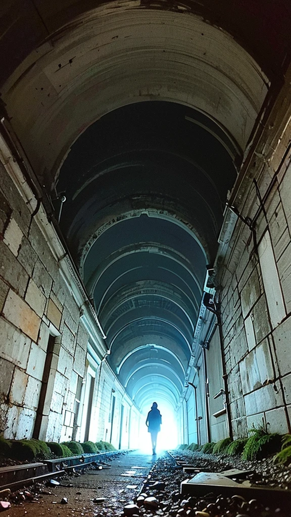 Super wide angle of view, dark very old tunnel, eerie and scary, water in the ground.