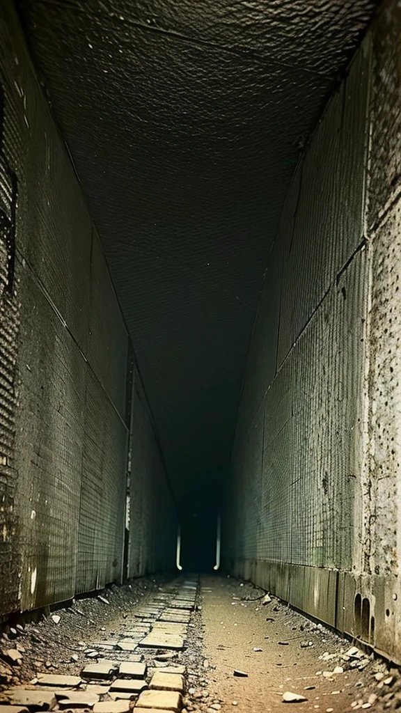 Super wide angle of view, dark very old tunnel, eerie and scary, water in the ground.