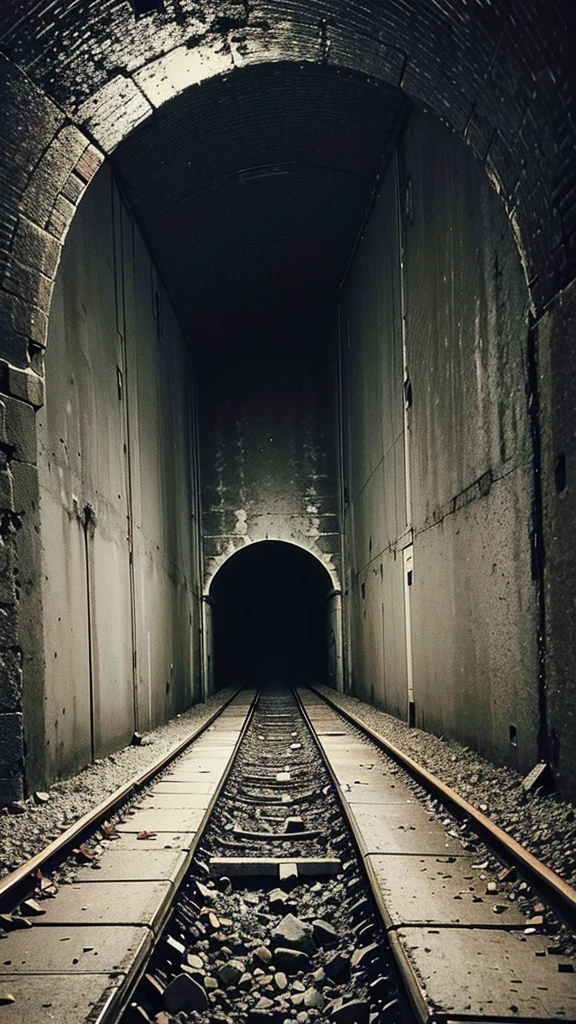 Super wide angle of view, dark very old tunnel, eerie and scary, water in the ground.