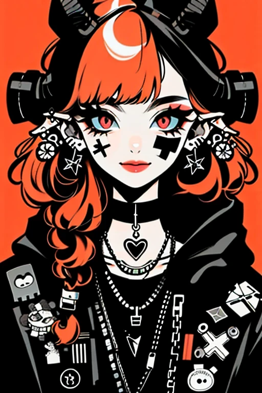 (Masterpiece:1.2, Best quality), (real photo, Intricate details), (1lady, solo, Upper body, small breast) ，all body，clothes：advance guard，advance guard，Experiment with appearance：Orange hair, medium wavy hair, blunt bangs, positive thinking, free-spirited, effervescent, winking, open-mouthed, smiling, smiling brightly，Dramatic makeup，Unconventional fashion choice behavior：rebel、Not conformist、Provocation location：Urban Arts District、Underground music venues Hobbies：Take part in a punk show、Create mixed media art、Try different subcultural values：personality、authentic、Creative expression of inspiration：Punk rock music、Counterculture icons，Avant-garde art movement character traits：daring、daring、act outside the box。