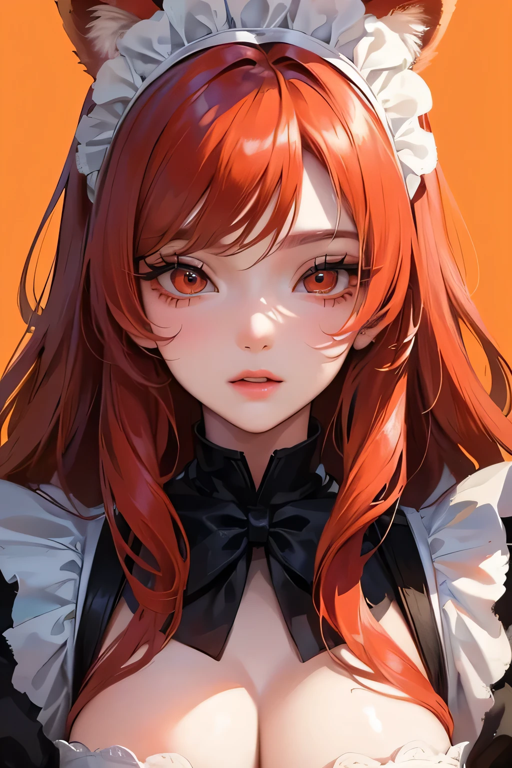 ((best quality)), ((Masterpiece)), (details), Young woman, big breasts, orange hair, red eyes, ((My hair is very long., long wavy hair)), Bangs , beautiful face, red panda ears,  white skin , Long eyelashes, Thick eyelashes, ชุดmaid, maid ,maid headdress, exquisite face、Facial features, semi-realistic