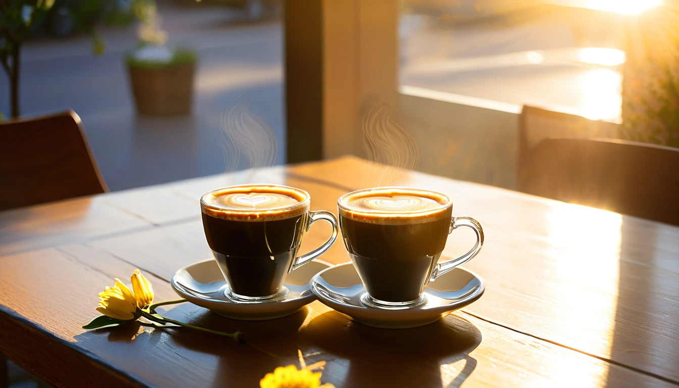 there are two cups of coffee on a table with flowers, two cups of coffee, cozy cafe background, radiant morning light, sunny morning light, morning sunlight, coffee and stars background, celebration of coffee products, coffee cups, by Julia Pishtar, morning light, natural morning light, cinematic morning light, morning time, morning coffee, evening sunlight, hard morning light
