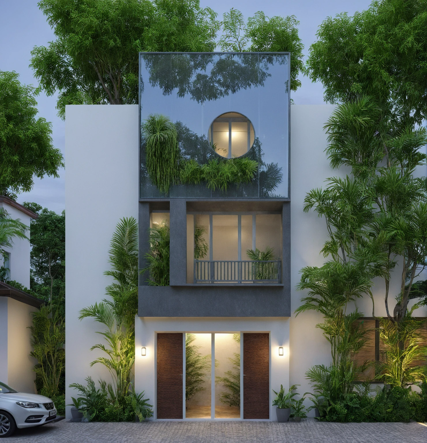 modern villa on street, (daylight), tropical tree, green shrub and plants, vivid color, streetcapes, minimalist design, brigth grey tone, (large glass door:1.2), warm interior lighting, modern material, best quality, ultra realistic, masterpiece, 
