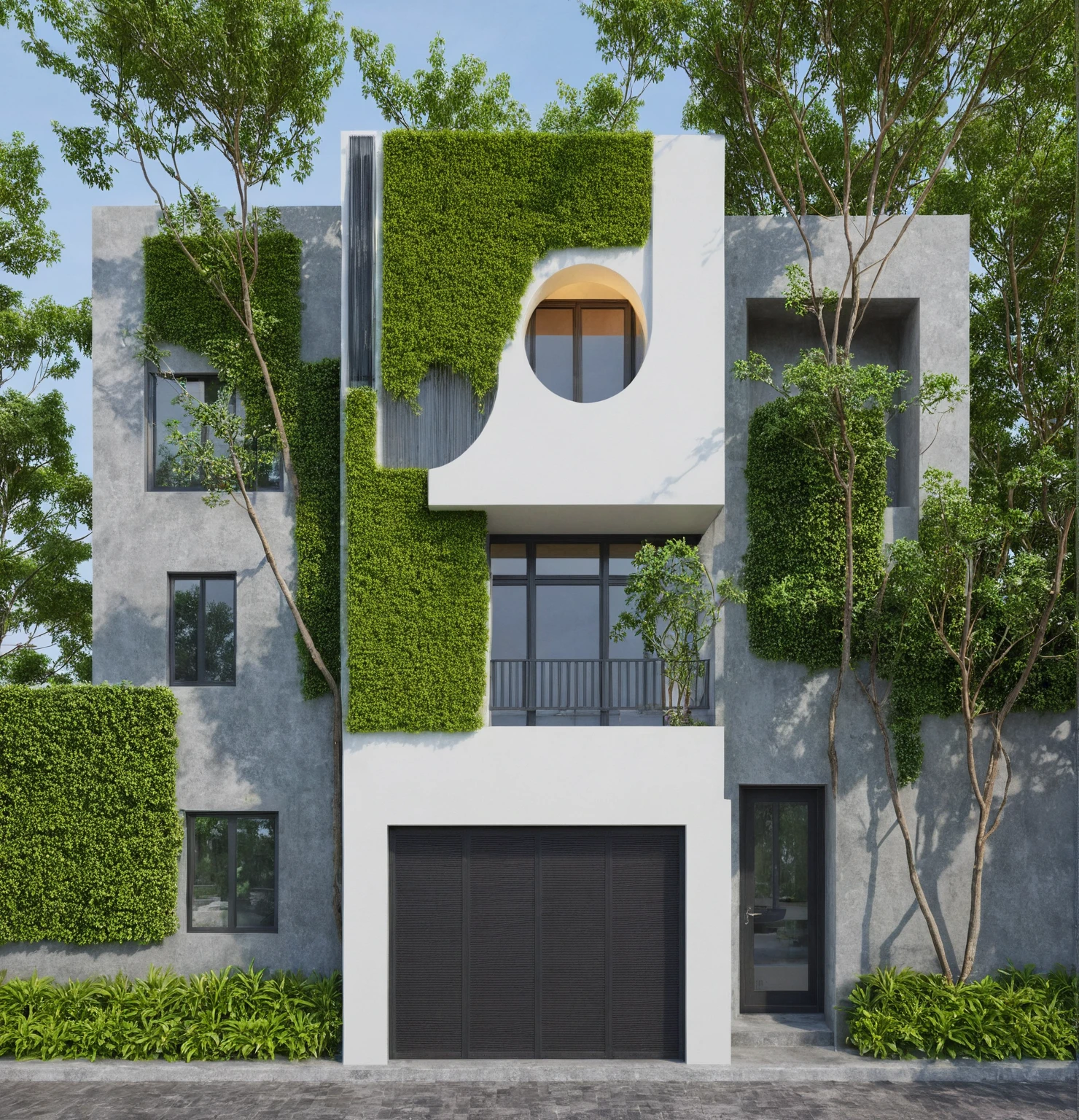 modern villa on street, (daylight), tropical tree, green shrub and plants, vivid color, streetcapes, minimalist design, brigth grey tone, (large glass door:1.2), warm interior lighting, modern material, best quality, ultra realistic, masterpiece, 
