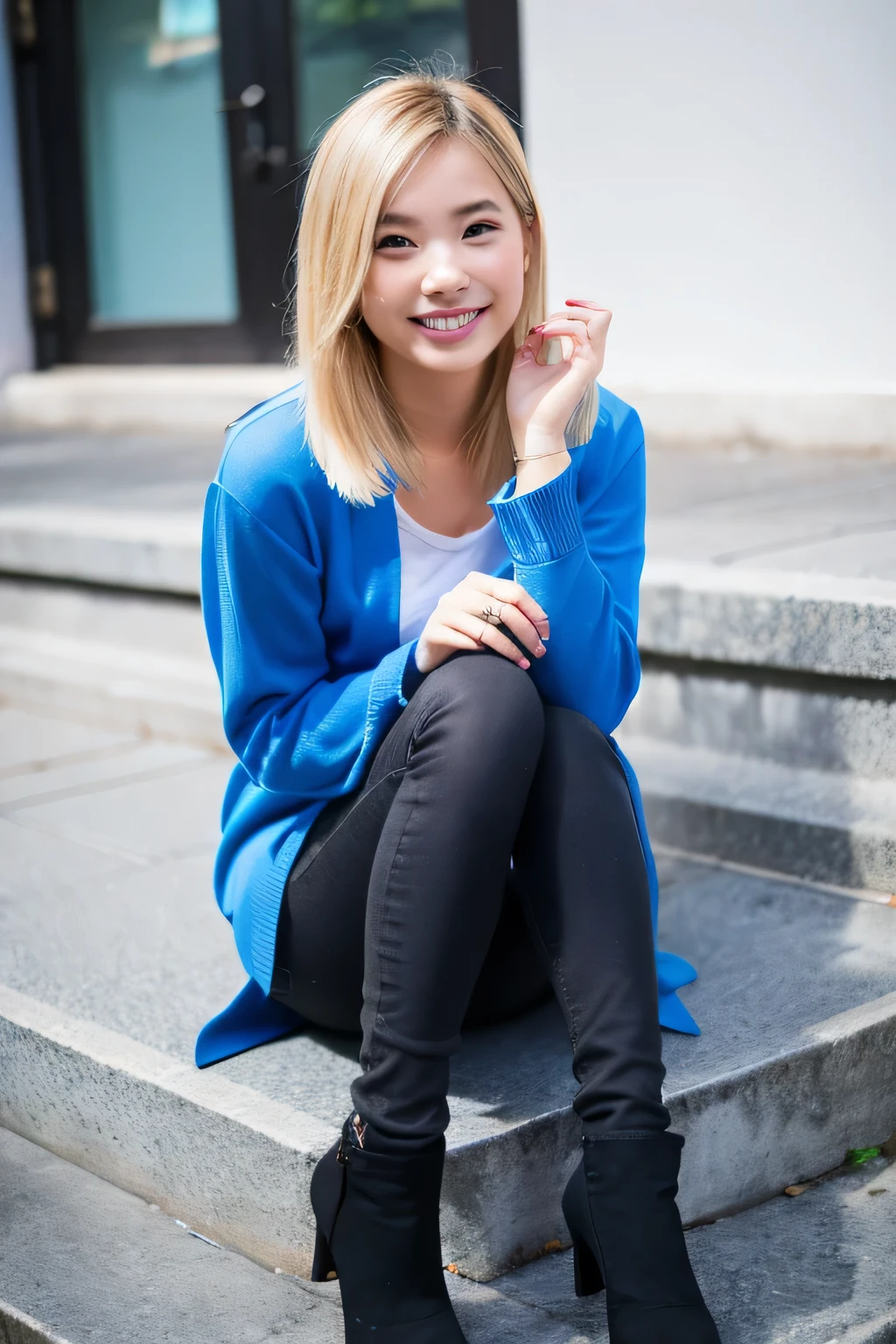 25 years old, girl, blue shirt and cardigan, black skinny jeans, black blonde hair, indonesian girl, smile, with heel