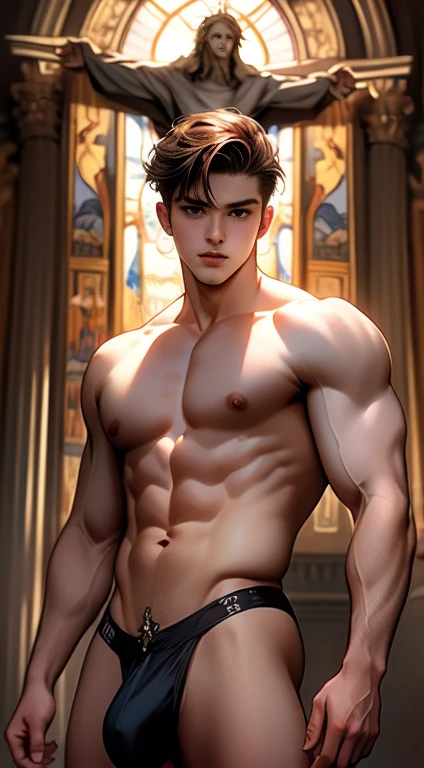 masterpiece, Young man, Beautiful, young, muscular, light brown hair, saint, nude, vine, covering the genitals, sexy pose, seductive, Christian Church, crucifix, portrait