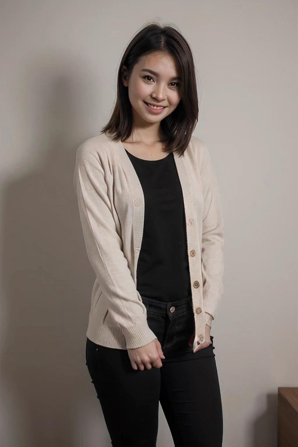 25 years old, girl, blue shirt and cardigan, black skinny jeans, black blonde hair, indonesian girl, smile, with heel
