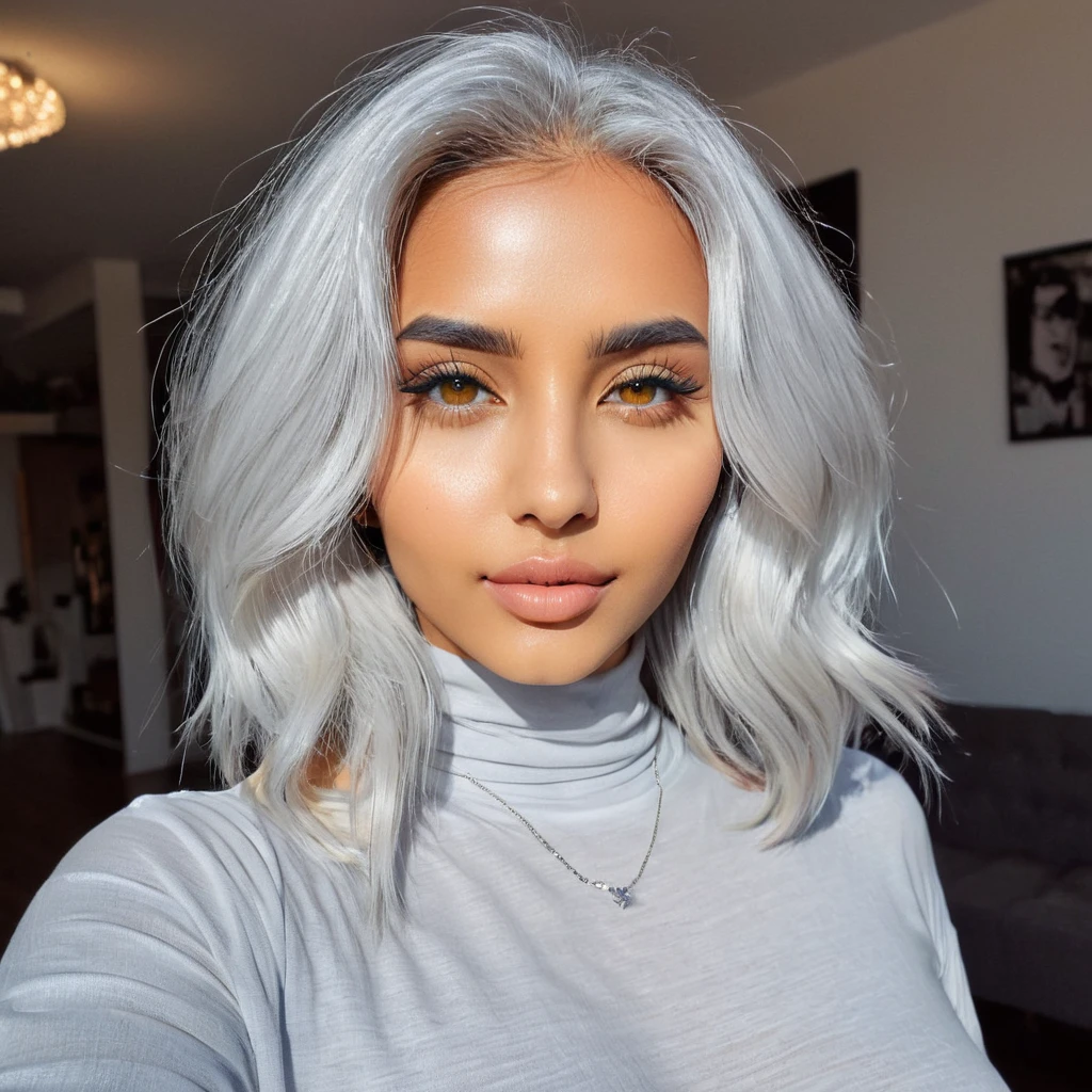 Full body image of a beautiful of a 20 year old Arabian exotic Instagram model, taken with iphone camera, medium shot selfie of a pretty young woman, (ombre:1.3) vibrant silver/white dyed hair bright, ambered-colored eyes, film grain, best quality, shoulder-length hair, featuring a beautiful light-colored silver white hair style, and she is wearing a gray top with a high neckline. Laying In the living room. Nice lips.