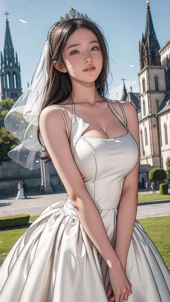 best quality, masterpiece, Let her sit, 1 girl, laughter, Cute teenagers, Glossy lips, Sweet, Blinding sunlight, Conservative clothing, High neck wedding dress, Bridal headdress, Depth of writing boundaries, Blurred background, With the cathedral as a backdrop, Light Particles, gale, Head tilt, Long hair, , (((15-year-old girl, Short Bob, Large Breasts)))