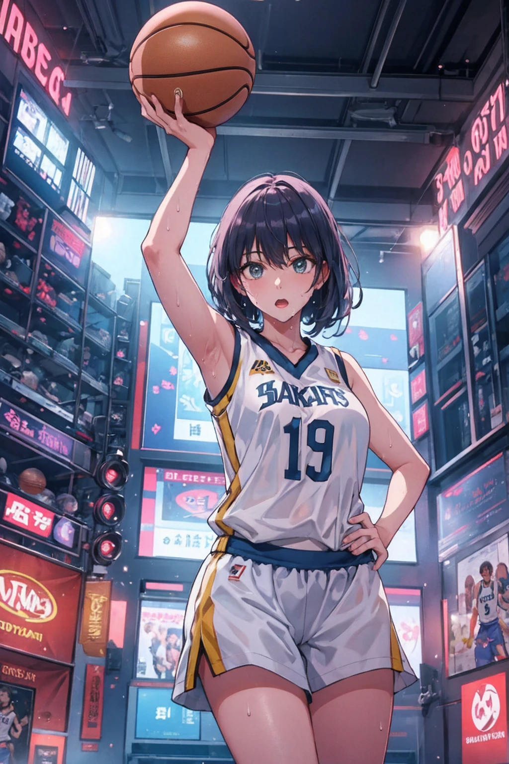 Young and beautiful woman,(Highest quality,Extremely detailed depiction,Incredible high resolution,Anatomically accurate depiction,software),(Glowing Skin,Glowing Skin,Sweat),basketballの選手,basketballのユニフォーム,basketball,Awesome dunk shot,Winning goal,background:basketballの試合中,From directly below:1.3