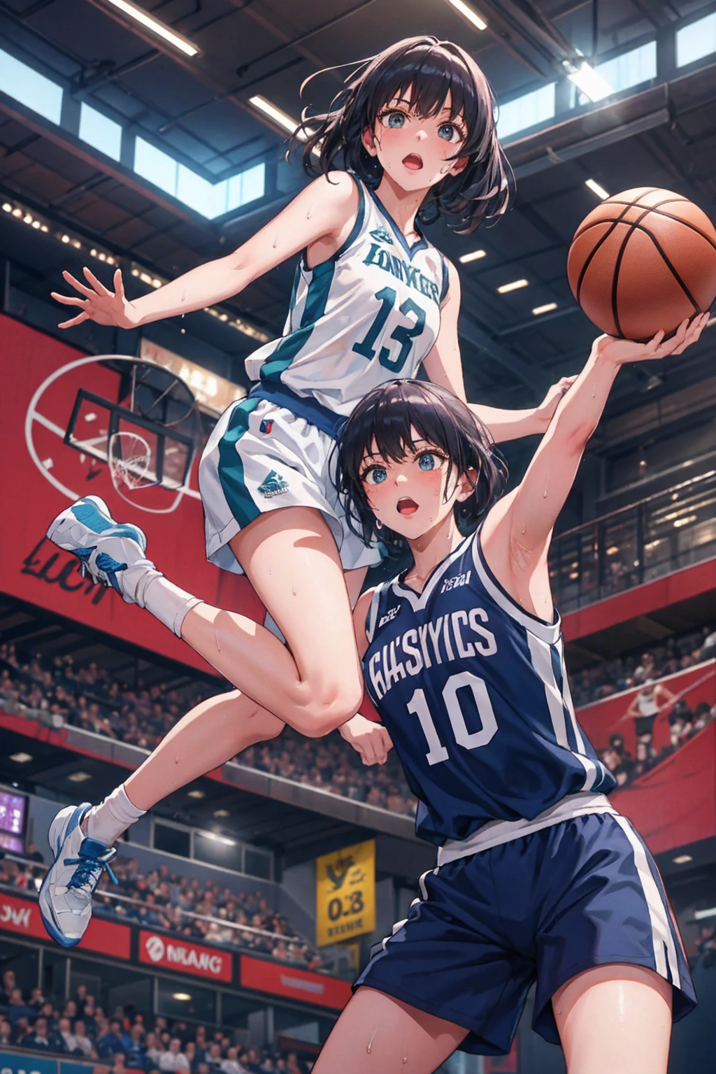 Young and beautiful woman,(Highest quality,Extremely detailed depiction,Incredible high resolution,Anatomically accurate depiction,software),(Glowing Skin,Glowing Skin,Sweat),basketballの選手,basketballのユニフォーム,basketball,Awesome dunk shot,Winning goal,background:basketballの試合中,From directly below:1.3