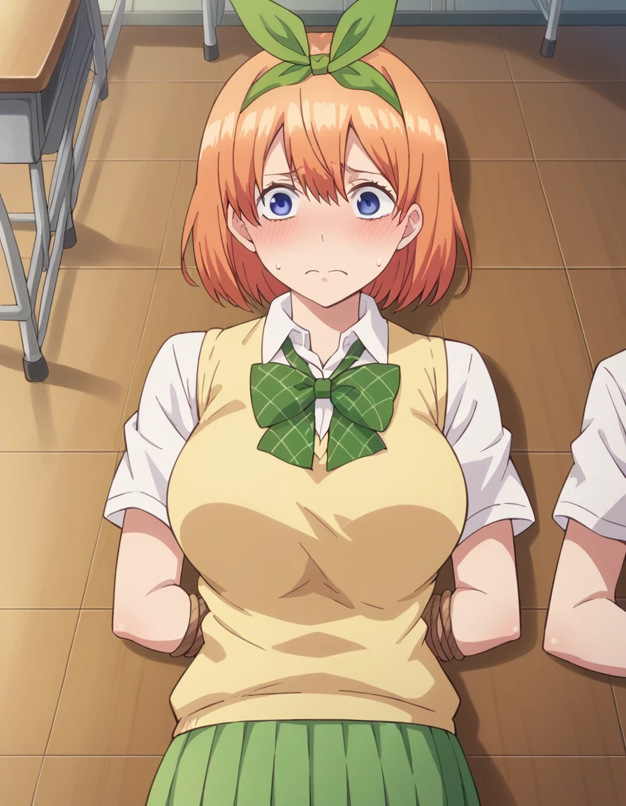 score_9, score_8_upper, score_7_upper, sauce_anime,
Yotsubanakano, Fourth floor Nakano, bangs, short hair, Blue eyes, Hair between the eyes, hair ribbon, hair band, Orange Hair, green ribbon, Mature Woman, (full naked),
skirt, shirt, bow, ribbon, , white shirt, Short sleeve, pleated skirt, collared shirt, miniskirt, bowtie, Knee-high, green skirt, green bow, Sweater vest, green ribbon, yellow Sweater vest,
indoor, classroom,Embarrassed,
View your viewers,Upper body,Tied up with rope,Lying down,