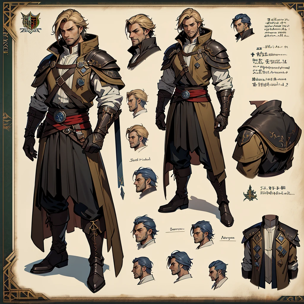 Close-up of a man in a Assasin's Creed costume, ((character concept art)), ((Character design sheet, same character, on front, from on the side, At the back)) Character image, Medieval game character design, Medieval game character design, hair color: Brown with gold parting, Age: Young, eyecolor: Brown, He wears gloves on his hands, Wears boots. During the use of certain abilities, A helmet is formed on the head of a dragon. He has a code name around his neck, expert high detail concept art, Concept art of a metal bullet, Fun character design. ConceptArt, belt buckle at the waist,Medieval style weapons,