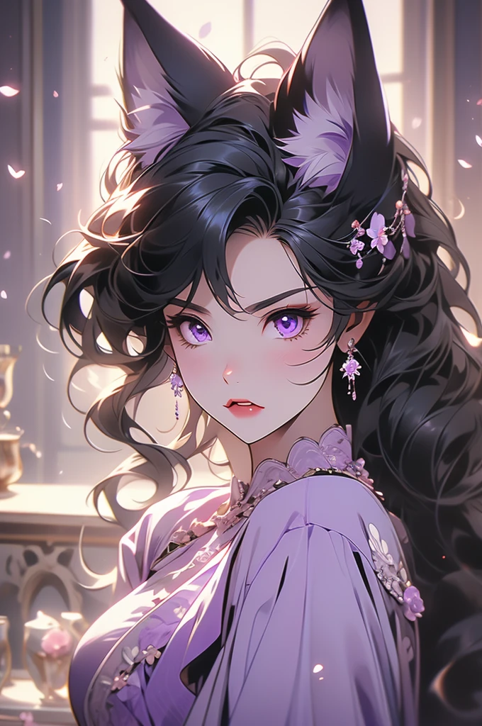 wolf ears, wolf tail, black hair, purple eyes, voluptuous, floral dress, preparing to pounce, teeth, fangs, angry