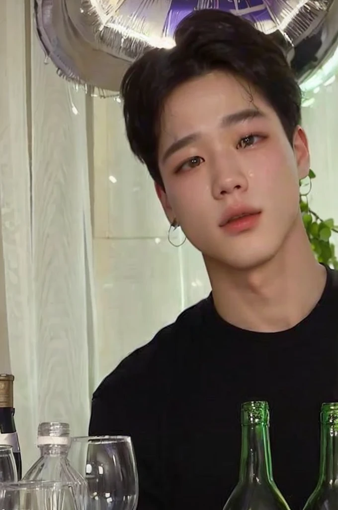 there is a man sitting at a table with bottles of wine, Jimin\the right eyelid is swollen, Jimin\fleshy lips, Jimin\the Greek nose, accurate Jimin face, giga chad crying, Jimin, park Jimin, He has a serious expression, Jimin, with a serious expression, south korean man, hyung tae, Shin Jeongho