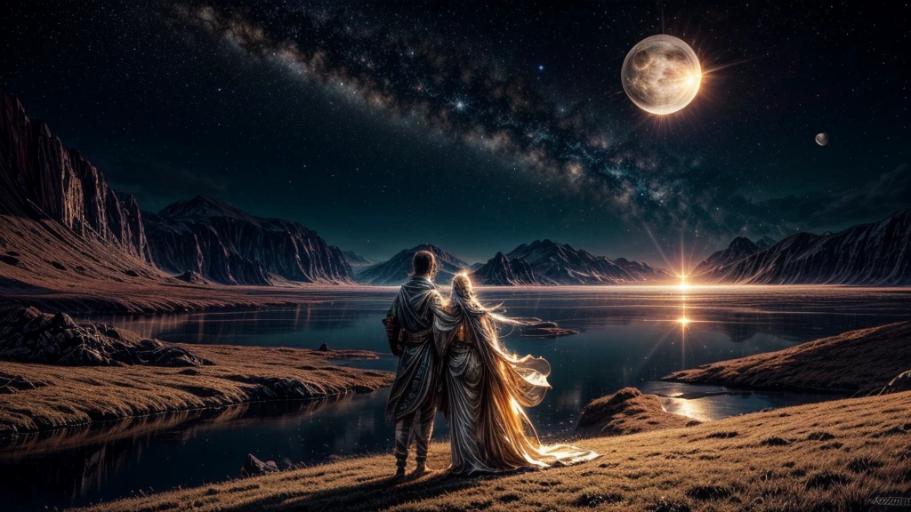 a beautiful ethereal landscape, two celestial bodies floating in a dreamlike spiritual dimension, the sun and moon in a golden cosmic sky, magical glowing energy, a serene spiritual atmosphere, highly detailed, cinematic lighting, dramatic lighting, dramatic colors, digital art, fantasy art, concept art