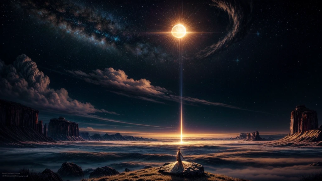 a beautiful ethereal landscape, two celestial bodies floating in a dreamlike spiritual dimension, the sun and moon in a golden cosmic sky, magical glowing energy, a serene spiritual atmosphere, highly detailed, cinematic lighting, dramatic lighting, dramatic colors, digital art, fantasy art, concept art