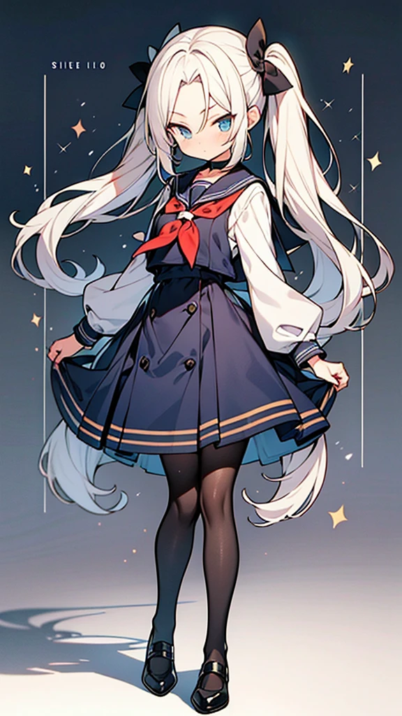Super skillful anime style illustration,hairstyle with high-forehead,white hair,twintail hair,blue eyes,
school sailor uniform with black pantyhose,Short stature disproportionate to age, and 120cm,