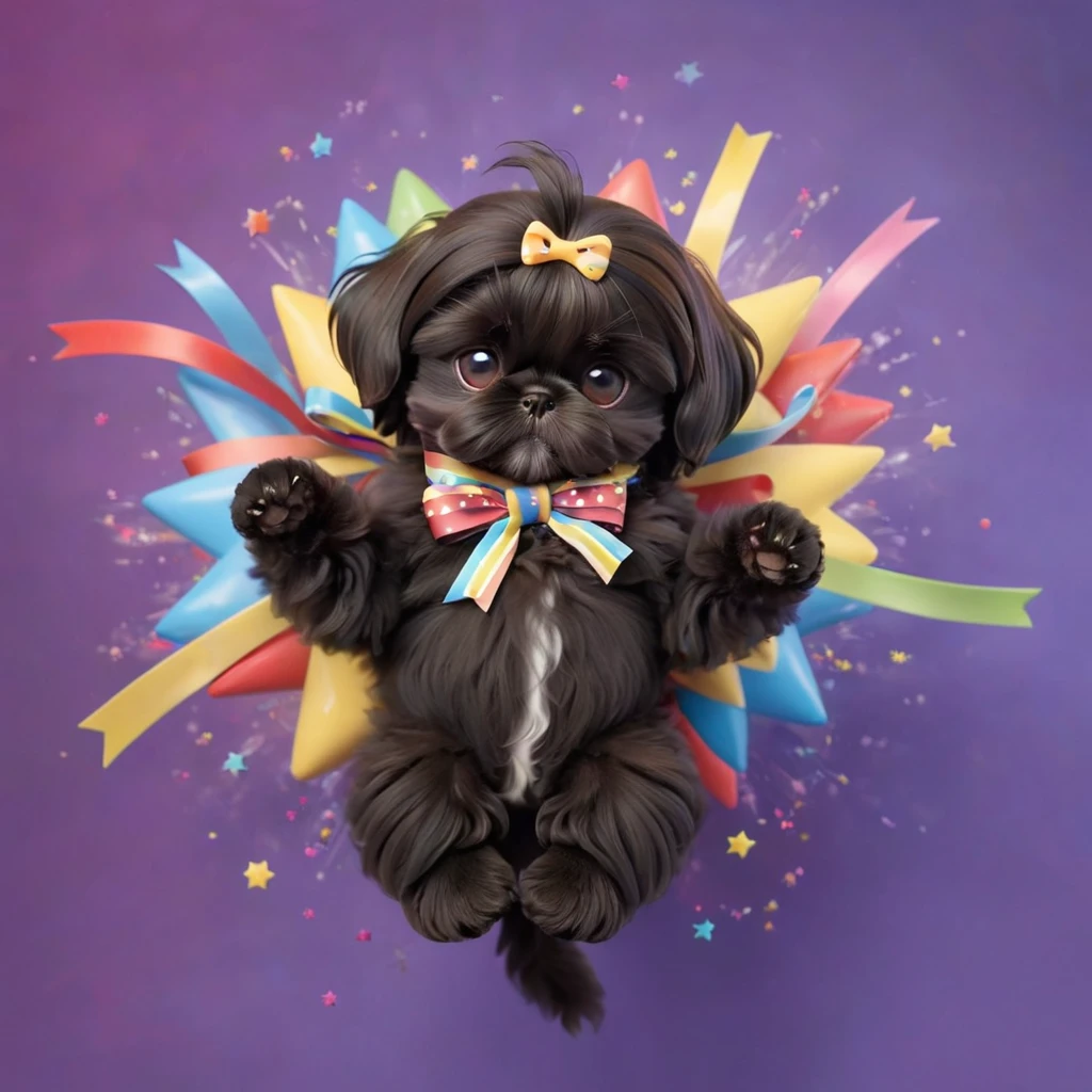 Ultra-small deformation,pop art, (from above), A black Shih Tzu puppy is curling up in the air, surrounded colorful ribbons and particles shaped star, falling through the air, lie on back spreading arms and legs wide, close up happily expression toward the viewer, smoke screen, speed line, Dynamic Motion Blur, Dynamic action scenes