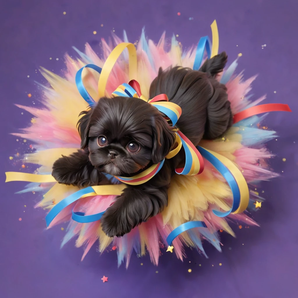 Ultra-small deformation,pop art, (from above), A black Shih Tzu puppy is curling up in the air, surrounded colorful ribbons and particles shaped star, falling through the air, lie on back spreading arms and legs wide, close up happily expression toward the viewer, smoke screen, speed line, Dynamic Motion Blur, Dynamic action scenes