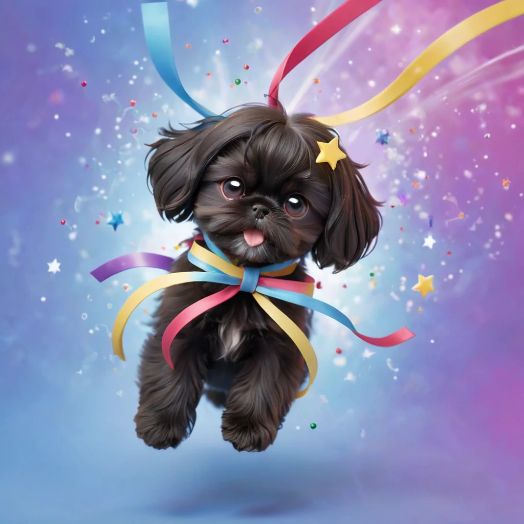 Ultra-small deformation,pop art, (from above), A black Shih Tzu puppy is curling up in the air, surrounded colorful ribbons and particles shaped star, falling through the air, lie on back spreading arms and legs wide, close up happily expression toward the viewer, smoke screen, speed line, Dynamic Motion Blur, Dynamic action scenes