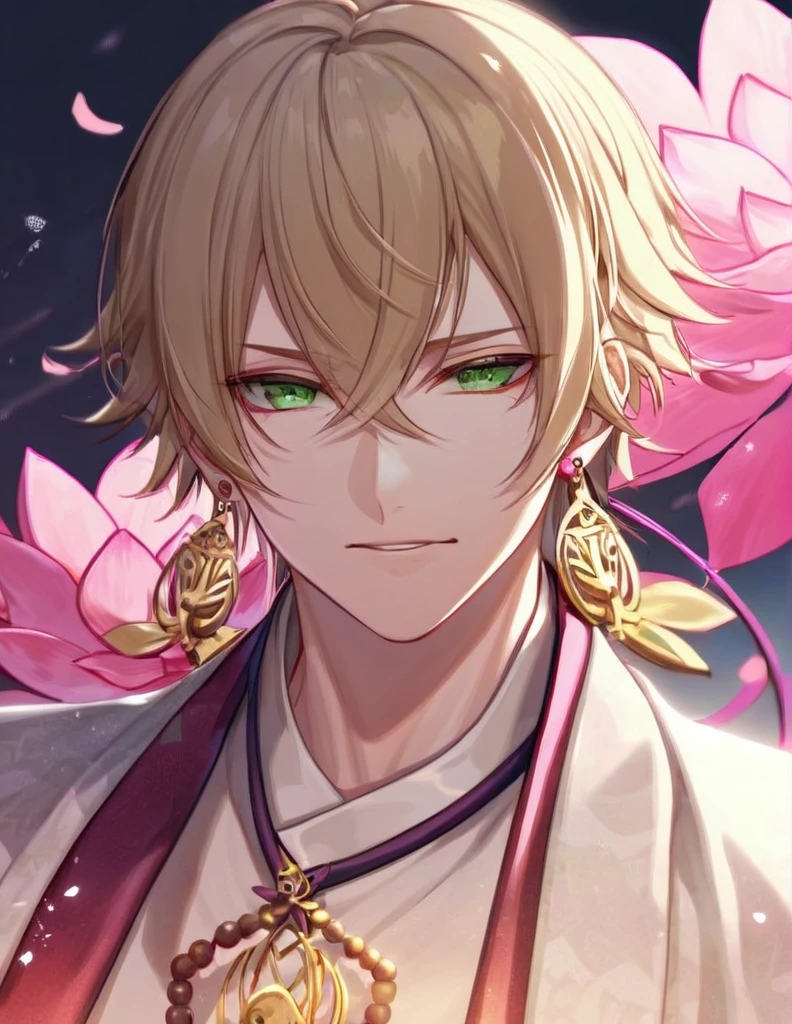 (absurdres, highres, ultra detailed, HDR), master piece, best quality, perfect face, delicate features, vibrant green eyes, solo, man, handsome, Taishakuten, ash-blond hair, hair between the eyes, white tunic, showing the chest, lotus earrings, onmyoji, pink moon, pink flames, pink petals, pink butterflies, angry,