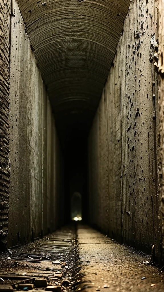 Super wide angle of view, dark very old tunnel, eerie and scary, water in the ground.