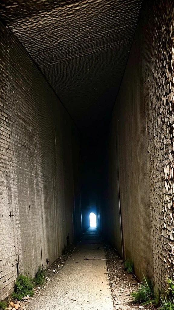 Super wide angle of view, dark very old tunnel, eerie and scary, water in the ground.