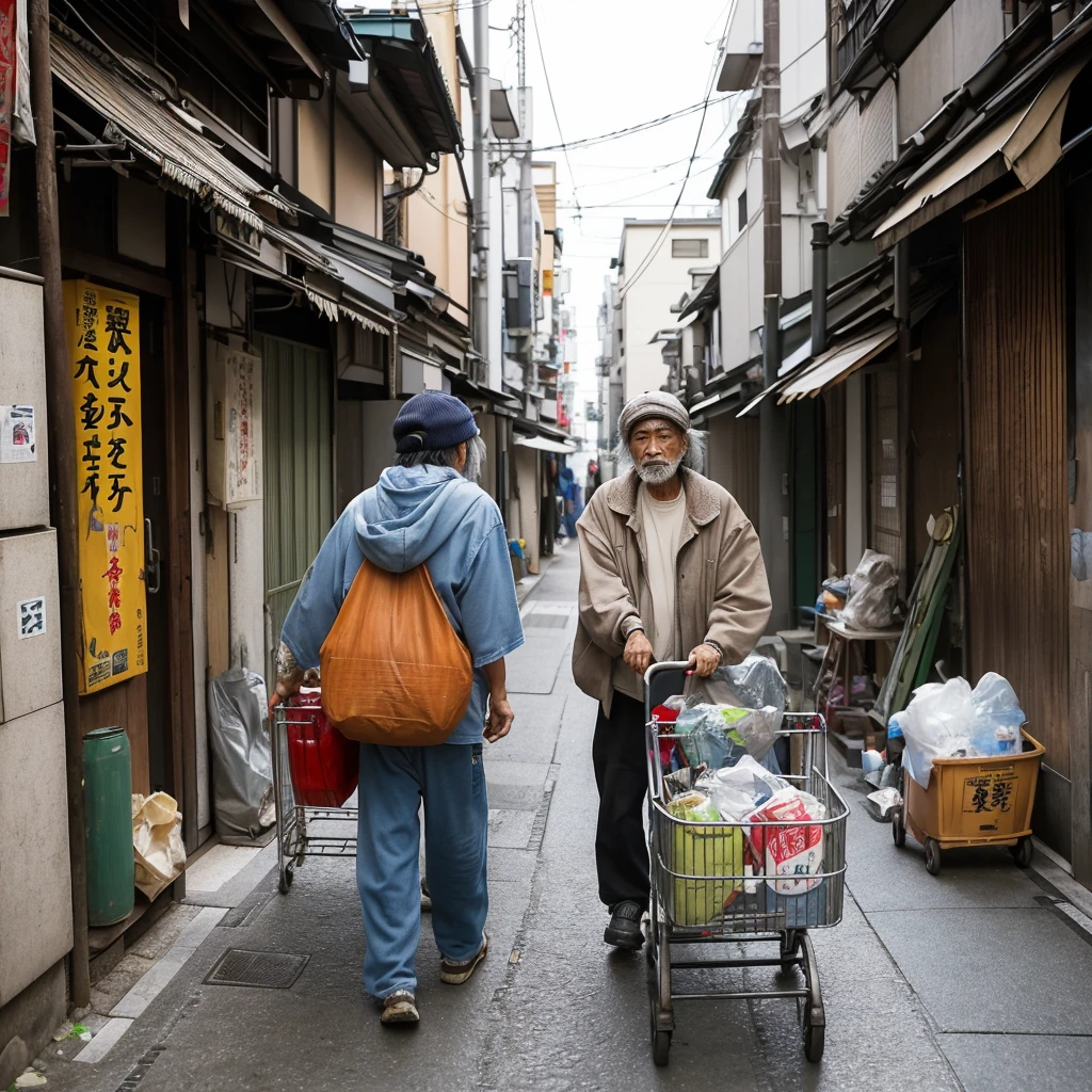 A Japanese homeless man in his 60s、Collecting recyclables from a trash bin in a busy back alley in Tokyo。He was wearing worn and dirty Japanese-style clothing.、A large cloth bag on his shoulder、Pushing a rusty shopping cart。The cart is full of cans and plastic bottles.。The man's face is marked with weathered wrinkles.、Have a tired look。Vending machines in the background、Neon Signs、Densely packed buildings are visible。at dusk、As the natural light fades、There is artificial light mixed in from nearby shops.。