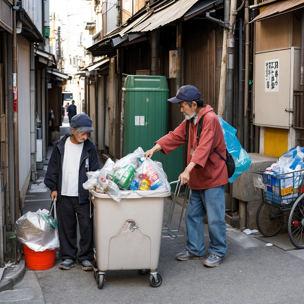 A Japanese homeless man in his 60s、Collecting recyclables from a trash bin in a busy back alley in Tokyo。He was wearing worn and dirty Japanese-style clothing.、A large cloth bag on his shoulder、Pushing a rusty shopping cart。The cart is full of cans and plastic bottles.。The man's face is marked with weathered wrinkles.、Have a tired look。Vending machines in the background、Neon Signs、Densely packed buildings are visible。at dusk、As the natural light fades、There is artificial light mixed in from nearby shops.。