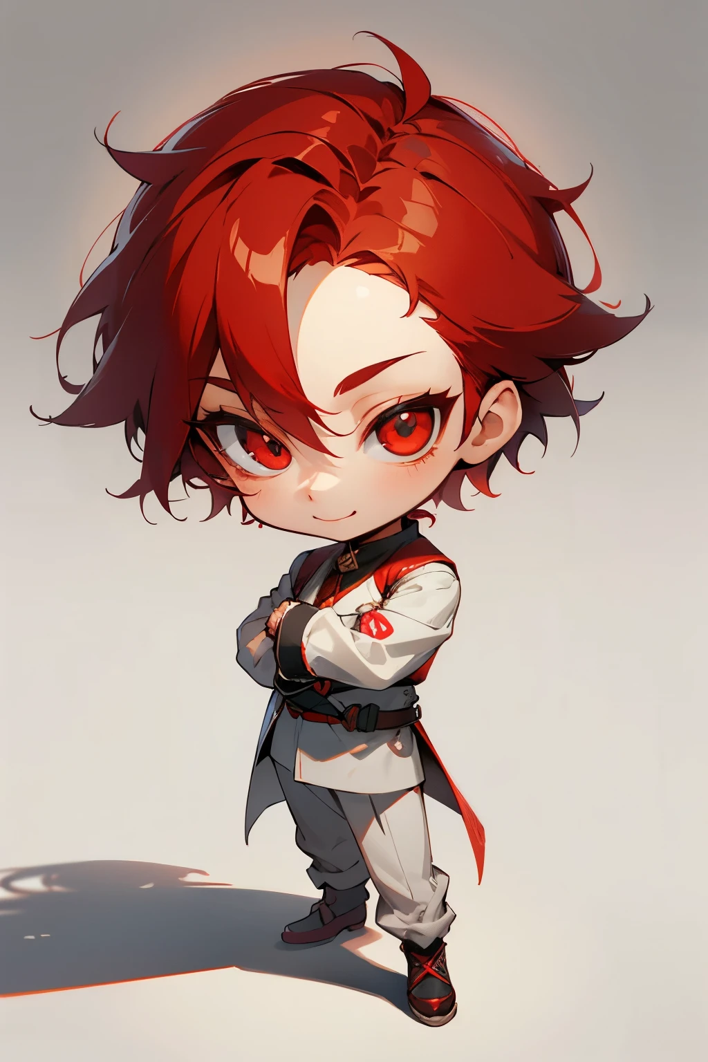 boy, full body, smile, cartoon style, chibi style, cute, beautiful face, red color eye, beautiful eye, high detailed pupil, double eyelid, high detailed skin, high quality skin, red color hair, white clothes, professional lighting, real shadow, masterpiece,