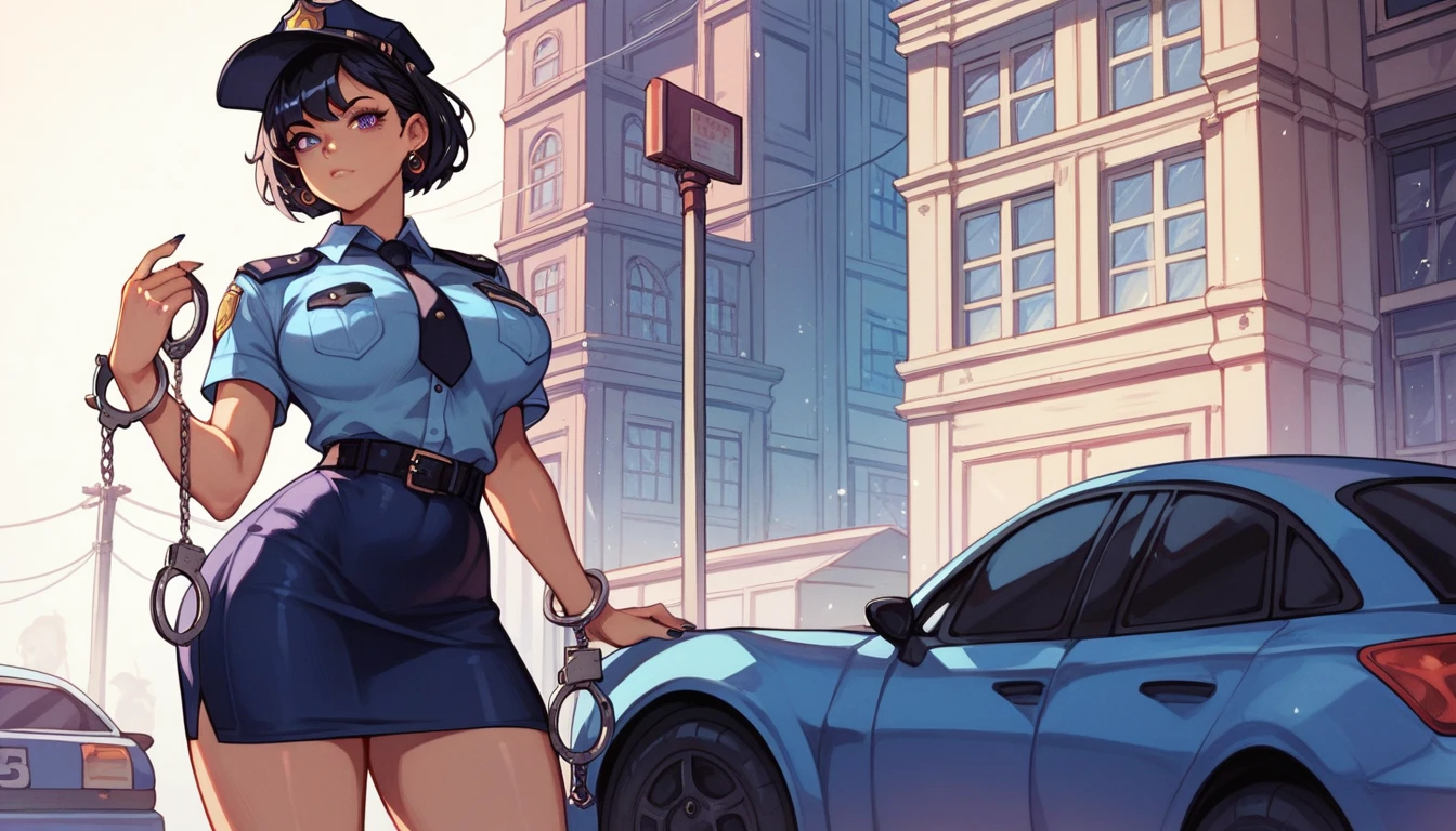 Anime Style,Girl,Are standing、slouch、policewoman,skirt,Black Hair、short hair,Large Breasts,Small waist,Big Ass,tall,Purple underwear with intricate patterns、police box、handcuffs