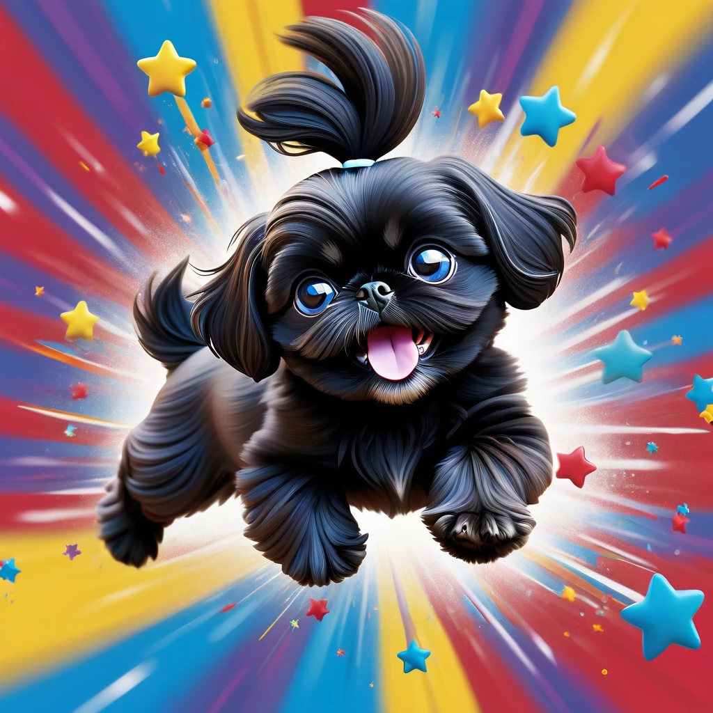Ultra-small deformation,pop art, (from above), A black Shih Tzu puppy with blue eyes is curling up in the air, surrounded colorful ribbons and particles shaped star, falling through the air, lie on back spreading arms and legs wide, close up happily expression toward the viewer, smoke screen, speed line, Dynamic Motion Blur, Dynamic action scenes 3D Pixar style