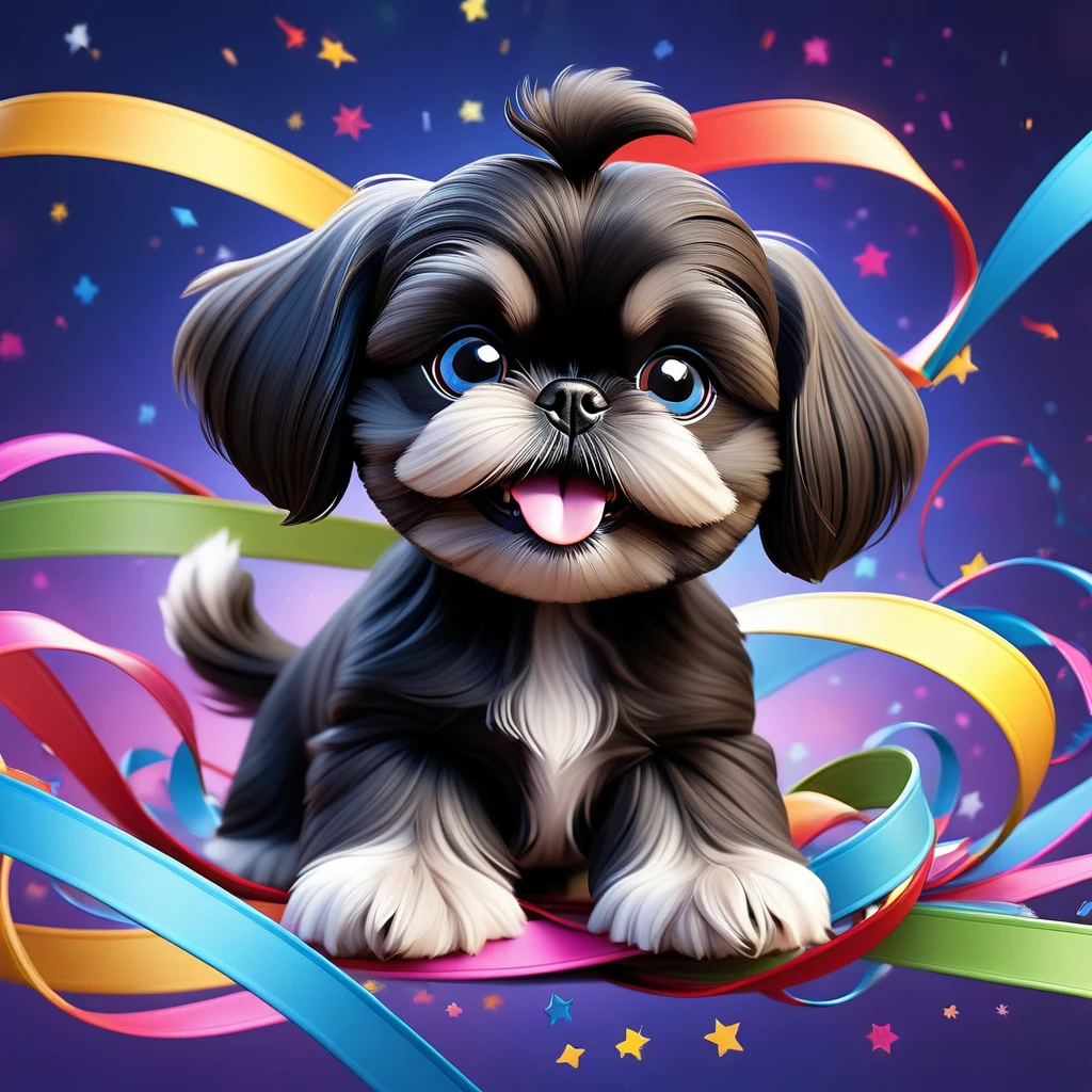 Ultra-small deformation,pop art, (from above), A black Shih Tzu puppy with blue eyes is curling up in the air, surrounded colorful ribbons and particles shaped star, falling through the air, lie on back spreading arms and legs wide, close up happily expression toward the viewer, smoke screen, speed line, Dynamic Motion Blur, Dynamic action scenes 3D Pixar style