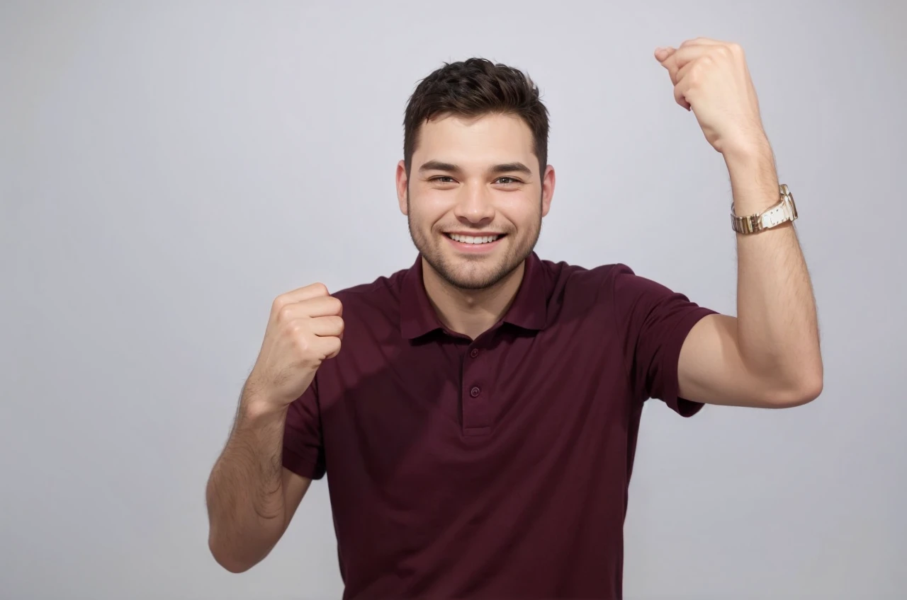 Disney Pixar cartoon style man, with white studio background, super detailed, in high quality, smiling, winning feeling, He wears burgundy shirt, ultra HD