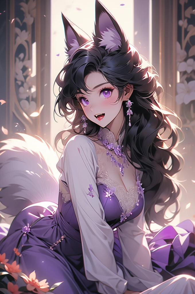 wolf ears, wolf tail, black hair, purple eyes, voluptuous, floral dress, preparing to pounce, teeth, fangs