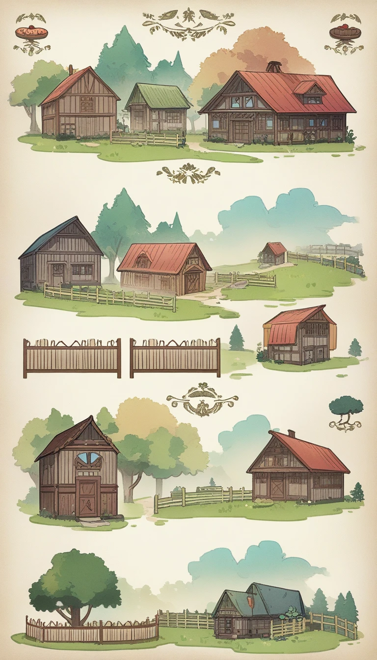 absurderes, background material, concept art, antique, anime, colorful, high quality, small apple orchard next to a homestead with a fence